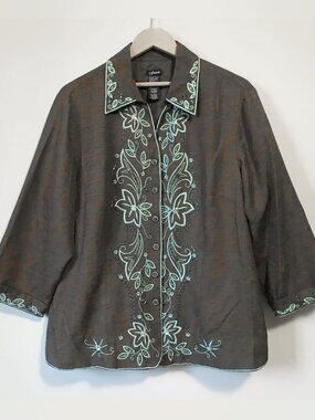 Vintage Fusion 100% Silk Floral Embroidered Sequin Jacket Blazer Plus 1X